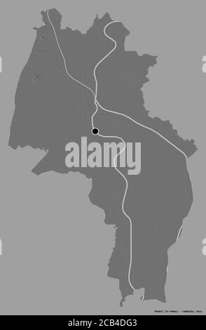 Forme de Kândal, province du Cambodge, avec sa capitale isolée sur un fond de couleur unie. Carte d'élévation à deux niveaux. Rendu 3D Banque D'Images