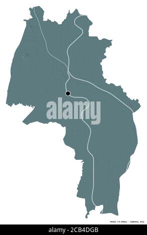 Forme de Kândal, province du Cambodge, avec sa capitale isolée sur fond blanc. Carte d'altitude en couleur. Rendu 3D Banque D'Images
