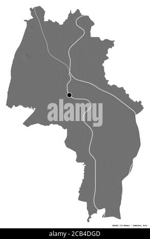 Forme de Kândal, province du Cambodge, avec sa capitale isolée sur fond blanc. Carte d'élévation à deux niveaux. Rendu 3D Banque D'Images
