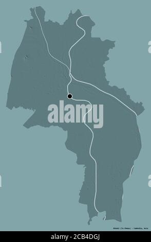 Forme de Kândal, province du Cambodge, avec sa capitale isolée sur un fond de couleur unie. Carte d'altitude en couleur. Rendu 3D Banque D'Images