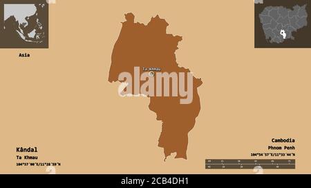 Forme de Kândal, province du Cambodge, et sa capitale. Echelle de distance, aperçus et étiquettes. Composition des textures répétées. Rendu 3D Banque D'Images