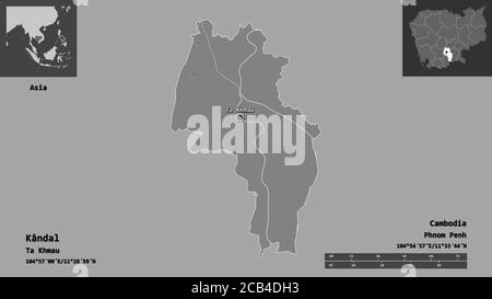 Forme de Kândal, province du Cambodge, et sa capitale. Echelle de distance, aperçus et étiquettes. Carte d'élévation à deux niveaux. Rendu 3D Banque D'Images