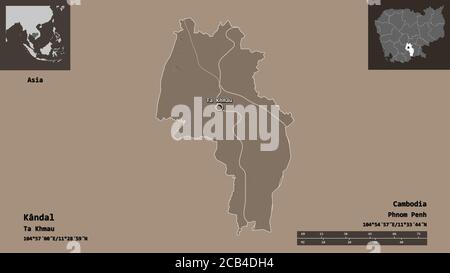 Forme de Kândal, province du Cambodge, et sa capitale. Echelle de distance, aperçus et étiquettes. Carte d'altitude en couleur. Rendu 3D Banque D'Images
