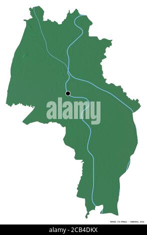 Forme de Kândal, province du Cambodge, avec sa capitale isolée sur fond blanc. Carte topographique de relief. Rendu 3D Banque D'Images