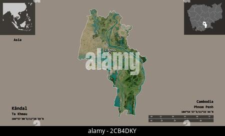 Forme de Kândal, province du Cambodge, et sa capitale. Echelle de distance, aperçus et étiquettes. Imagerie satellite. Rendu 3D Banque D'Images