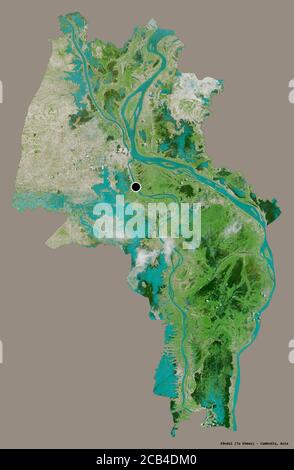 Forme de Kândal, province du Cambodge, avec sa capitale isolée sur un fond de couleur unie. Imagerie satellite. Rendu 3D Banque D'Images