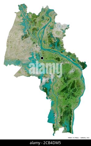 Forme de Kândal, province du Cambodge, avec sa capitale isolée sur fond blanc. Imagerie satellite. Rendu 3D Banque D'Images