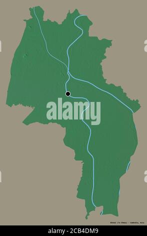 Forme de Kândal, province du Cambodge, avec sa capitale isolée sur un fond de couleur unie. Carte topographique de relief. Rendu 3D Banque D'Images