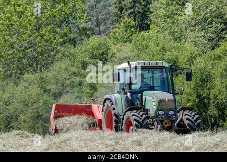 Trossingen, Allemagne, 25 juin 2020. Tracteur Fendt 313 moderne dans les champs, pressage du foin dans les balles avec une presse à balles Welger de quarante ans. Banque D'Images