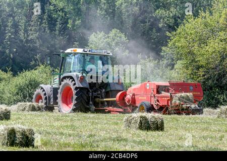 Trossingen, Allemagne, 25 juin 2020. Tracteur Fendt 313 moderne dans les champs, pressage du foin dans les balles avec une presse à balles Welger de quarante ans. Banque D'Images