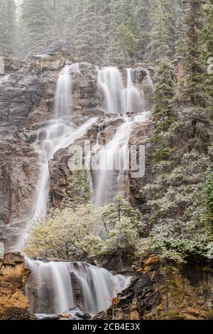 Neige fraîche en automne à Tangle Falls, parc national Jasper, Alberta, Canada Banque D'Images