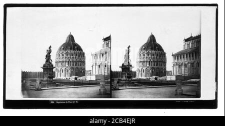 Ferrier P.F. Et Soulier, J. Lévy Sr. 529 Baptistère de Pise (no 1). Le Baptistère de Pise de Saint-Jean (italien: Battistero di San Giovanni) est un bâtiment ecclésiastique catholique romain à Pise, en Italie. La construction a commencé en 1152 et a été terminée en 1363. Photographie stéréo sur plaque de verre vers 1870. Banque D'Images