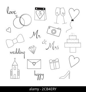 Ensemble d'articles de mariage. Icônes vectorielles de mariage isolées sur fond blanc Illustration de Vecteur
