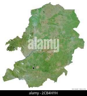 Forme du Centre, région du Cameroun, avec sa capitale isolée sur fond blanc. Imagerie satellite. Rendu 3D Banque D'Images