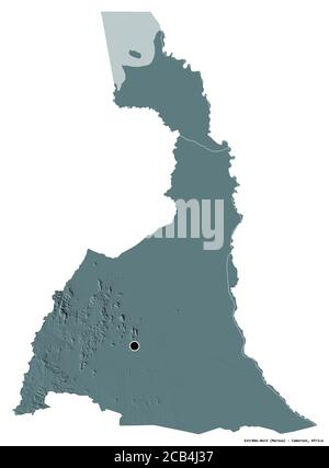 Forme d'Extrême-Nord, région du Cameroun, avec sa capitale isolée sur fond blanc. Carte d'altitude en couleur. Rendu 3D Banque D'Images