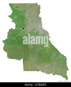 Forme de l'est, région du Cameroun, avec sa capitale isolée sur fond blanc. Imagerie satellite. Rendu 3D Banque D'Images