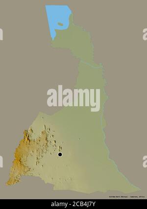 Forme d'Extrême-Nord, région du Cameroun, avec sa capitale isolée sur un fond de couleur unie. Carte topographique de relief. Rendu 3D Banque D'Images