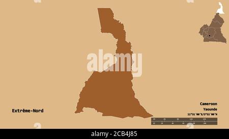 Forme de l'Extrême-Nord, région du Cameroun, avec sa capitale isolée sur fond solide. Échelle de distance, aperçu de la région et libellés. Composition du pa Banque D'Images