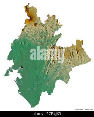 Forme du littoral, région du Cameroun, avec sa capitale isolée sur fond blanc. Carte topographique de relief. Rendu 3D Banque D'Images