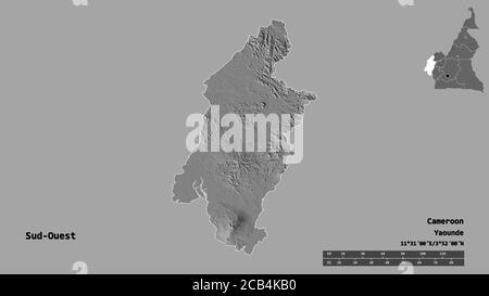 Forme du Sud-Ouest, région du Cameroun, avec sa capitale isolée sur fond solide. Échelle de distance, aperçu de la région et libellés. Élévation biniveau ma Banque D'Images