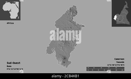 Forme du Sud-Ouest, région du Cameroun, et sa capitale. Echelle de distance, aperçus et étiquettes. Carte d'élévation à deux niveaux. Rendu 3D Banque D'Images