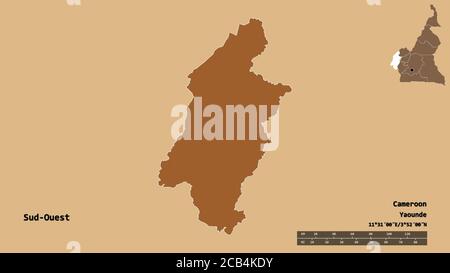 Forme du Sud-Ouest, région du Cameroun, avec sa capitale isolée sur fond solide. Échelle de distance, aperçu de la région et libellés. Composition du patte Banque D'Images