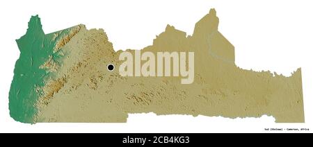 Forme du Sud, région du Cameroun, avec sa capitale isolée sur fond blanc. Carte topographique de relief. Rendu 3D Banque D'Images