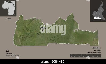 Forme du Sud, région du Cameroun, et sa capitale. Echelle de distance, aperçus et étiquettes. Imagerie satellite. Rendu 3D Banque D'Images