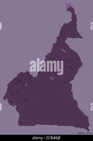 Forme du Cameroun avec sa capitale isolée sur un fond de couleur unie. Carte d'altitude en couleur. Rendu 3D Banque D'Images