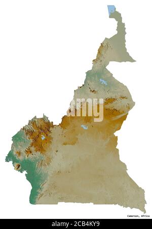 Forme du Cameroun avec sa capitale isolée sur fond blanc. Carte topographique de relief. Rendu 3D Banque D'Images