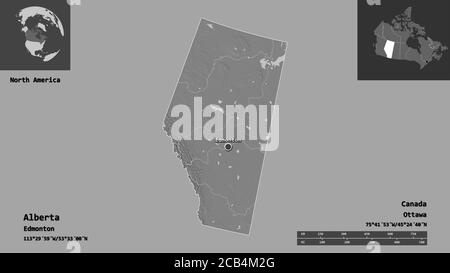 Forme de l'Alberta, province du Canada et sa capitale. Echelle de distance, aperçus et étiquettes. Carte d'élévation à deux niveaux. Rendu 3D Banque D'Images