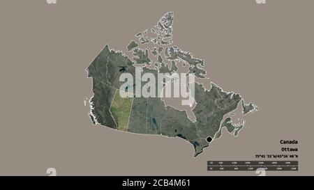 Forme désaturée du Canada avec sa capitale, sa principale division régionale et la région séparée de l'Alberta. Étiquettes. Imagerie satellite. Rendu 3D Banque D'Images