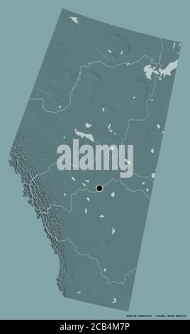 Forme de l'Alberta, province du Canada, avec sa capitale isolée sur un fond de couleur unie. Carte d'altitude en couleur. Rendu 3D Banque D'Images