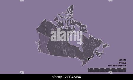 Forme désaturée du Canada avec sa capitale, sa principale division régionale et la région séparée de la Colombie-Britannique. Étiquettes. Carte d'altitude en couleur. Rendu 3D Banque D'Images