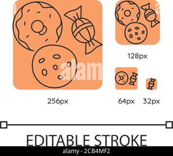Ensemble d'icônes linéaires orange pour biscuits et bonbons. Produits de bonbons. Faire un donut avec du glaçage. Produits de boulangerie. Ligne fine personnalisable 256, 128, 64 et 32 px vecteur illust Illustration de Vecteur