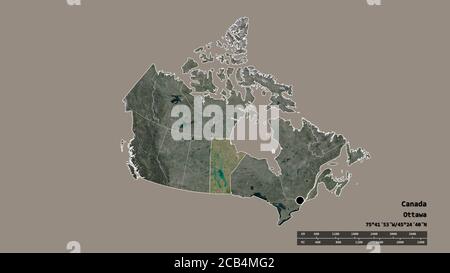 Forme désaturée du Canada avec sa capitale, sa principale division régionale et la région séparée du Manitoba. Étiquettes. Imagerie satellite. Rendu 3D Banque D'Images