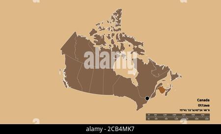 Forme désaturée du Canada avec sa capitale, sa principale division régionale et la région séparée du Nouveau-Brunswick. Étiquettes. Composition des textures répétées. Banque D'Images