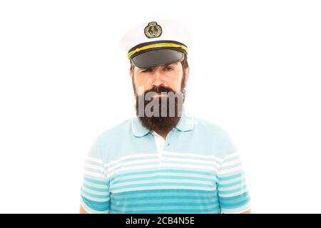 Homme capitaine barbu voile uniforme croisière marine, concept de vacances d'été. Banque D'Images