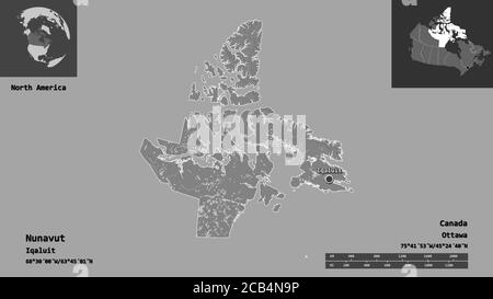 La forme du Nunavut, le territoire du Canada et sa capitale. Echelle de distance, aperçus et étiquettes. Carte d'élévation à deux niveaux. Rendu 3D Banque D'Images