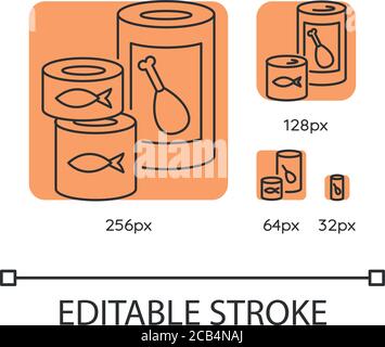 Ensemble d'icônes linéaires orange pour les conserves et les soupes. Viande conservée dans un moule. Produits du poisson. Illustration vectorielle 256, 128, 64 et 32 px personnalisable en traits fins Illustration de Vecteur