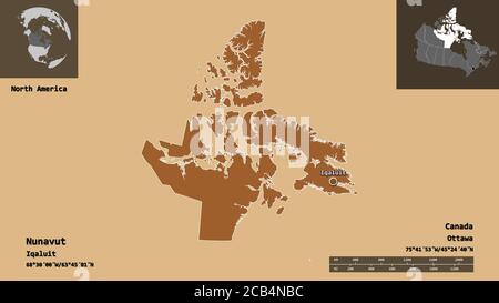 La forme du Nunavut, le territoire du Canada et sa capitale. Echelle de distance, aperçus et étiquettes. Composition des textures répétées. Rendu 3D Banque D'Images