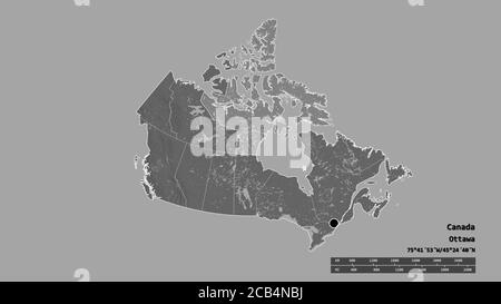 Forme désaturée du Canada avec sa capitale, sa principale division régionale et la région séparée du Nunavut. Étiquettes. Carte d'élévation à deux niveaux. Rendu 3D Banque D'Images