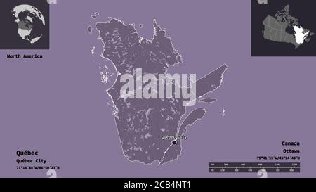 Forme du Québec, province du Canada et sa capitale. Echelle de distance, aperçus et étiquettes. Carte d'altitude en couleur. Rendu 3D Banque D'Images