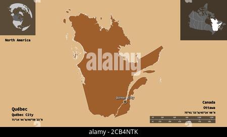 Forme du Québec, province du Canada et sa capitale. Echelle de distance, aperçus et étiquettes. Composition des textures répétées. Rendu 3D Banque D'Images