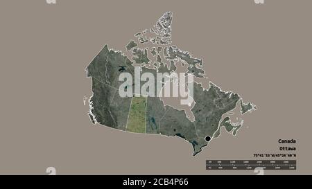 Forme désaturée du Canada avec sa capitale, sa principale division régionale et la région séparée de la Saskatchewan. Étiquettes. Imagerie satellite. Rendu 3D Banque D'Images