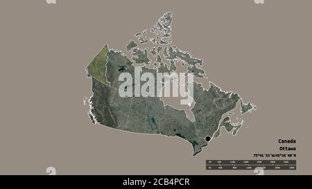 Forme désaturée du Canada avec sa capitale, sa principale division régionale et la région séparée du Yukon. Étiquettes. Imagerie satellite. Rendu 3D Banque D'Images