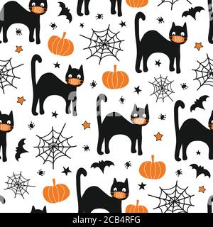 Halloween chat noir portant masque de visage sans couture motif vectoriel. Corona Halloween 2020 arrière-plan répétitif. Jolie illustration dessinée à la main pour les enfants. Utilisation Illustration de Vecteur