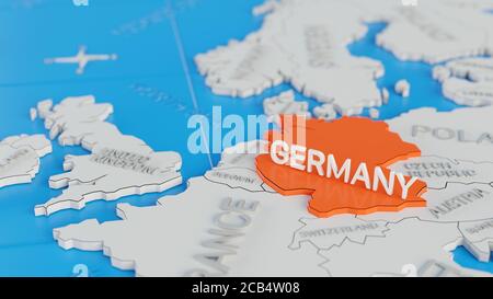 L'Allemagne est mise en évidence sur une carte blanche du monde en 3D simplifiée. Rendu 3D numérique. Banque D'Images