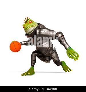 lord frog joue au basket-ball sur fond blanc pose deux, illustration 3d Banque D'Images