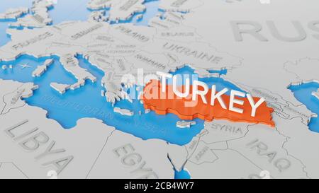 Turquie mise en évidence sur une carte blanche simplifiée du monde en 3D. Rendu 3D numérique. Banque D'Images